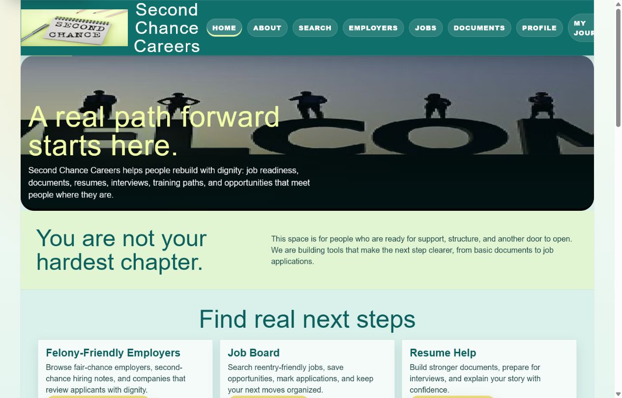 Second Chance Careers home showing career pathways and practical next steps