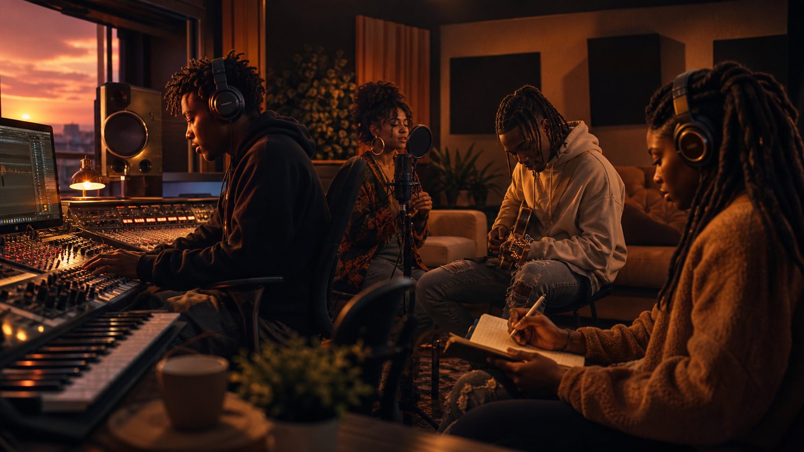 Musicians collaborating in a studio setting