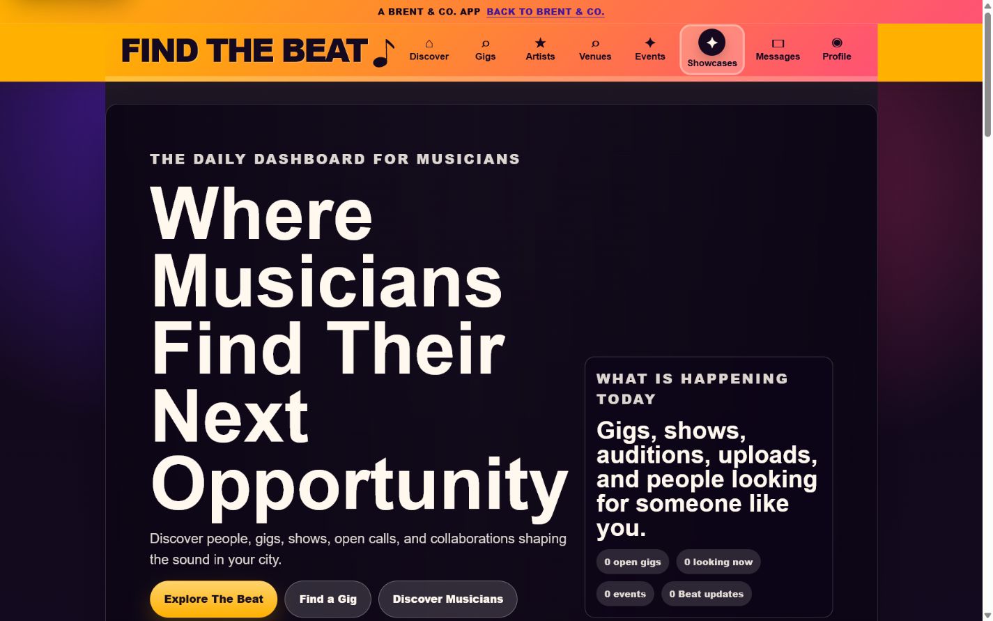 Find The Beat live music networking application interface